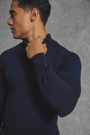 Pure Cotton Knitted Half Zip Neck Sweater in Navy - TAILORED ATHLETE - USA