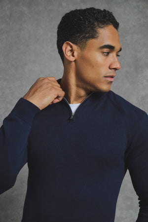 Pure Cotton Knitted Half Zip Neck Sweater in Navy - TAILORED ATHLETE - USA
