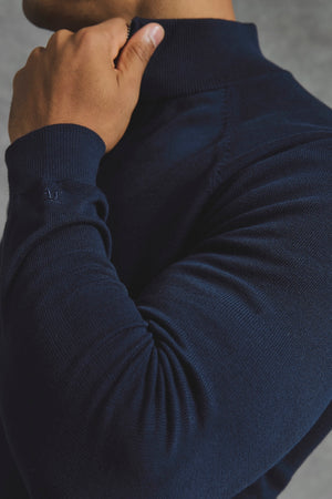 Pure Cotton Knitted Half Zip Neck Sweater in Navy - TAILORED ATHLETE - USA