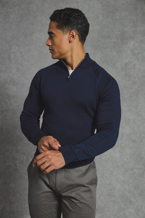 Pure Cotton Knitted Half Zip Neck Sweater in Navy - TAILORED ATHLETE - USA