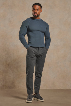 Pure Cotton Knitted Textured Crew Neck Sweater in Iron Grey