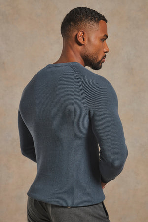 Pure Cotton Knitted Textured Crew Neck Sweater in Iron Grey