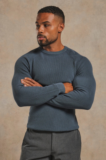 Pure Cotton Knitted Textured Crew Neck Sweater in Iron Grey