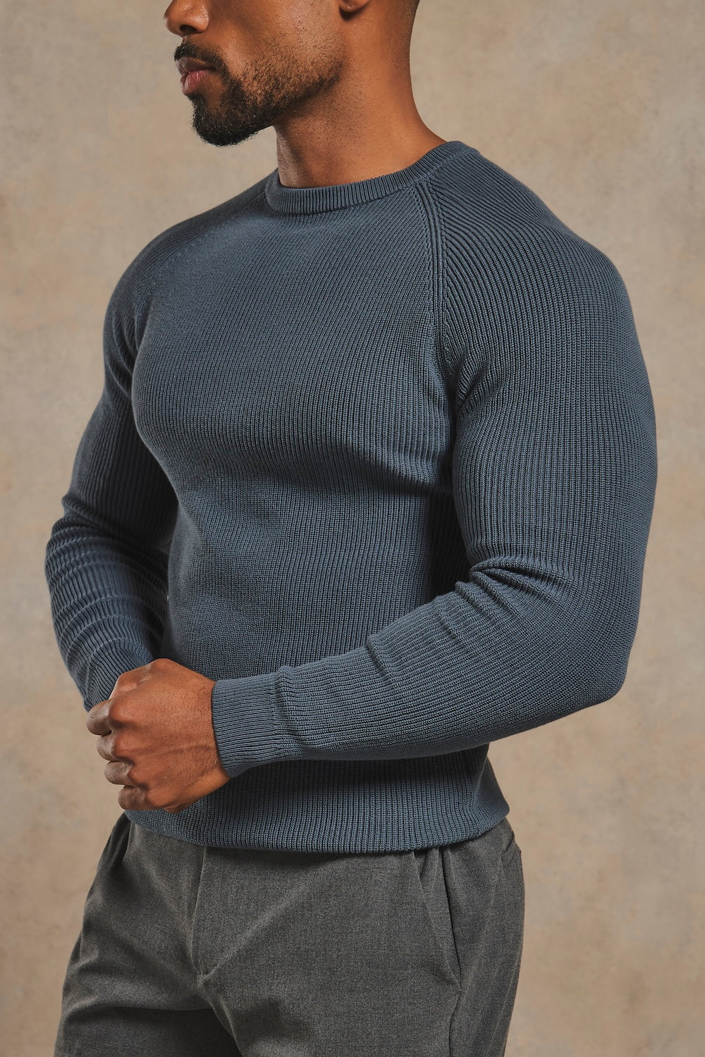 Pure Cotton Knitted Textured Crew Neck Sweater in Iron Grey