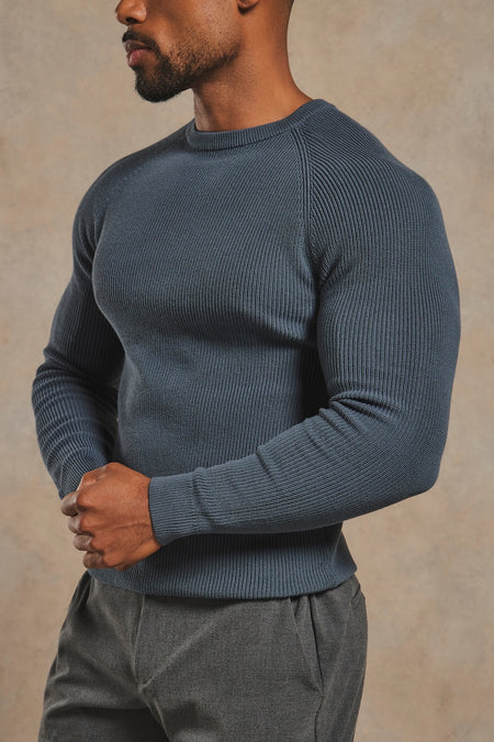 Pure Cotton Knitted Textured Crew Neck Sweater in Iron Grey