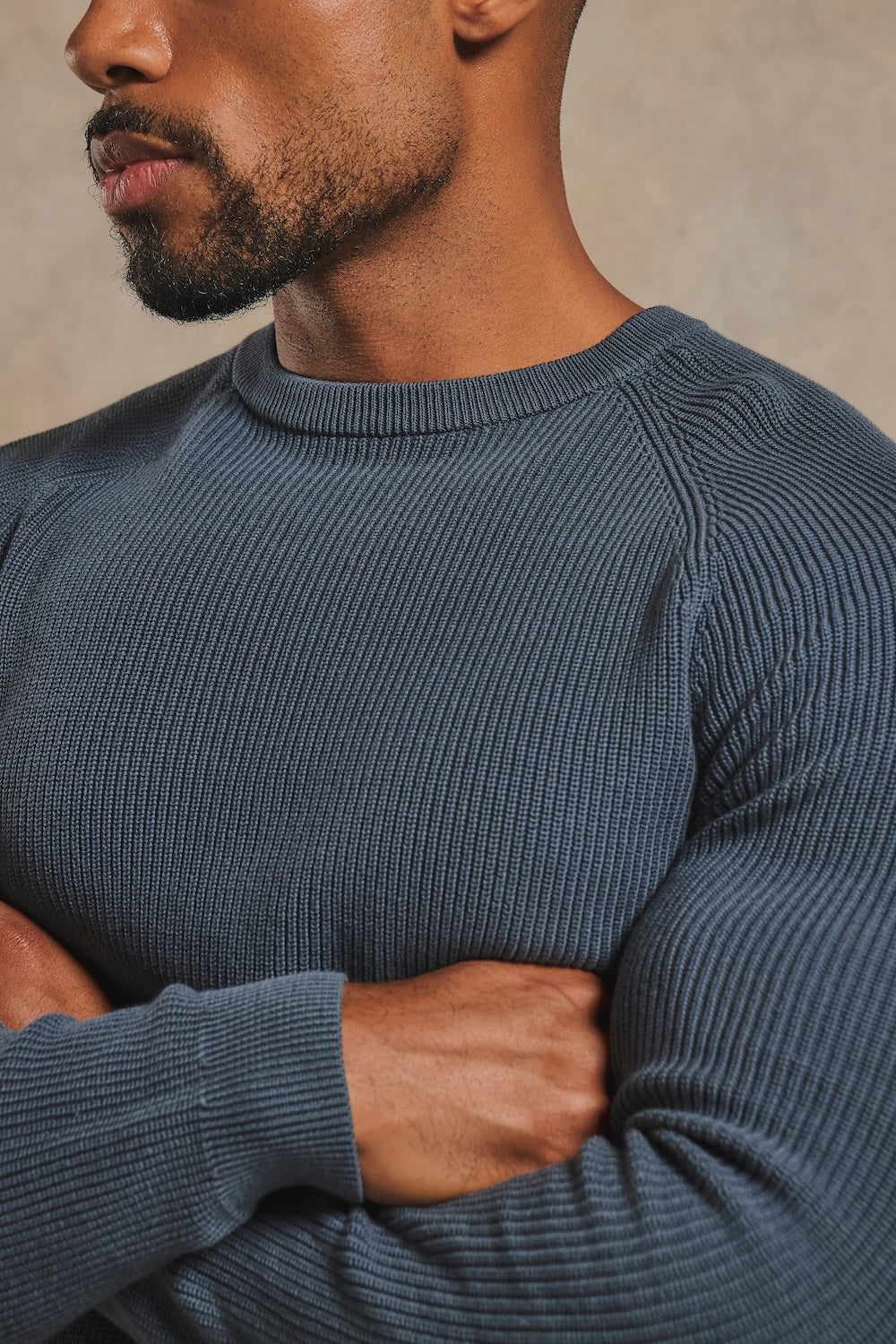 Pure Cotton Knitted Textured Crew Neck Sweater in Iron Grey