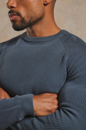 Pure Cotton Knitted Textured Crew Neck Sweater in Iron Grey