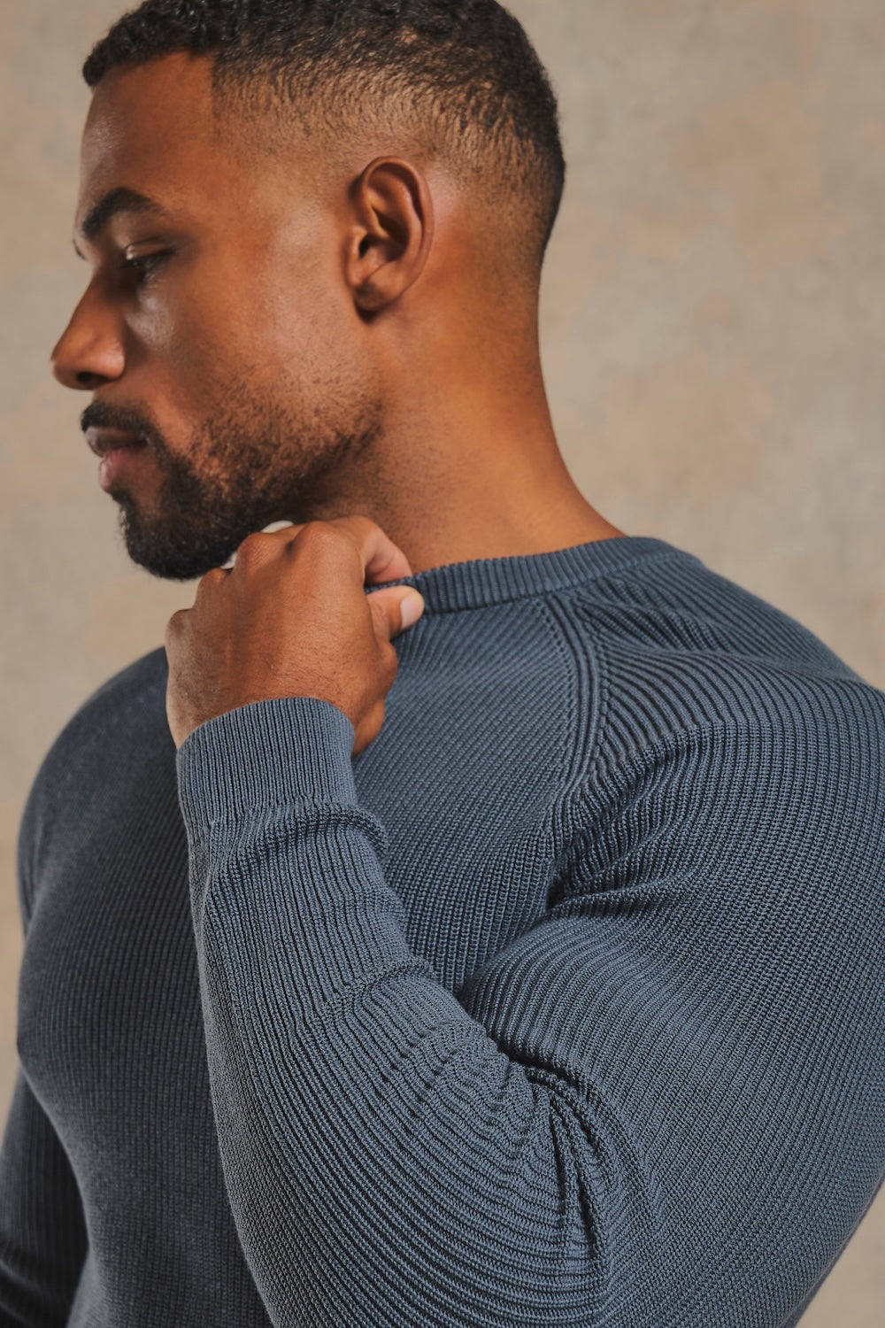 Pure Cotton Knitted Textured Crew Neck Sweater in Iron Grey