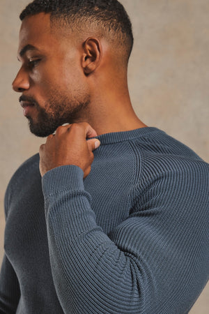 Pure Cotton Knitted Textured Crew Neck Sweater in Iron Grey