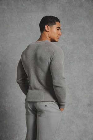Pure Cotton Knitted Textured Crew Neck Sweater in Charcoal Marl - TAILORED ATHLETE - USA