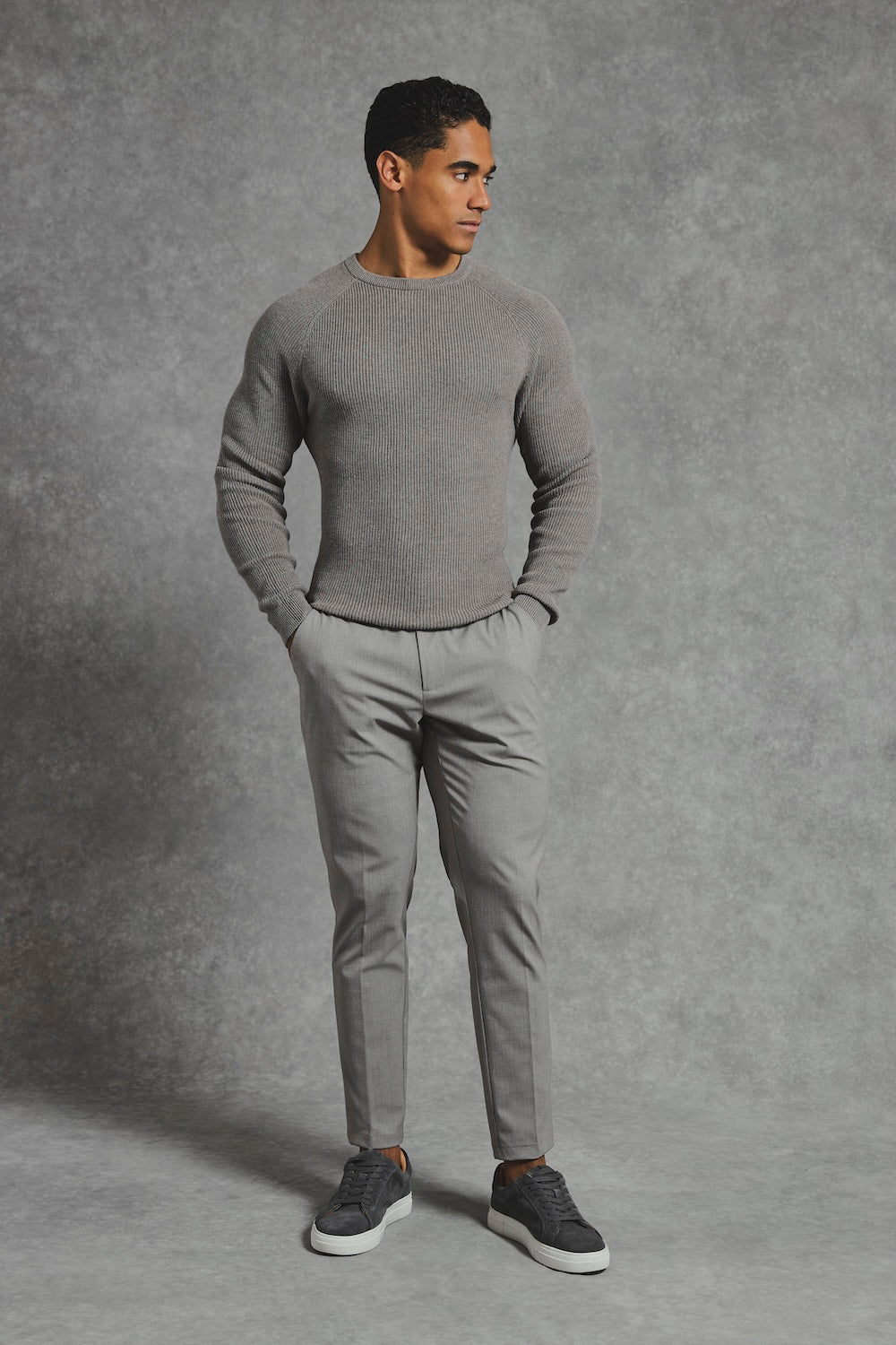 Pure Cotton Knitted Textured Crew Neck Sweater in Charcoal Marl - TAILORED ATHLETE - USA