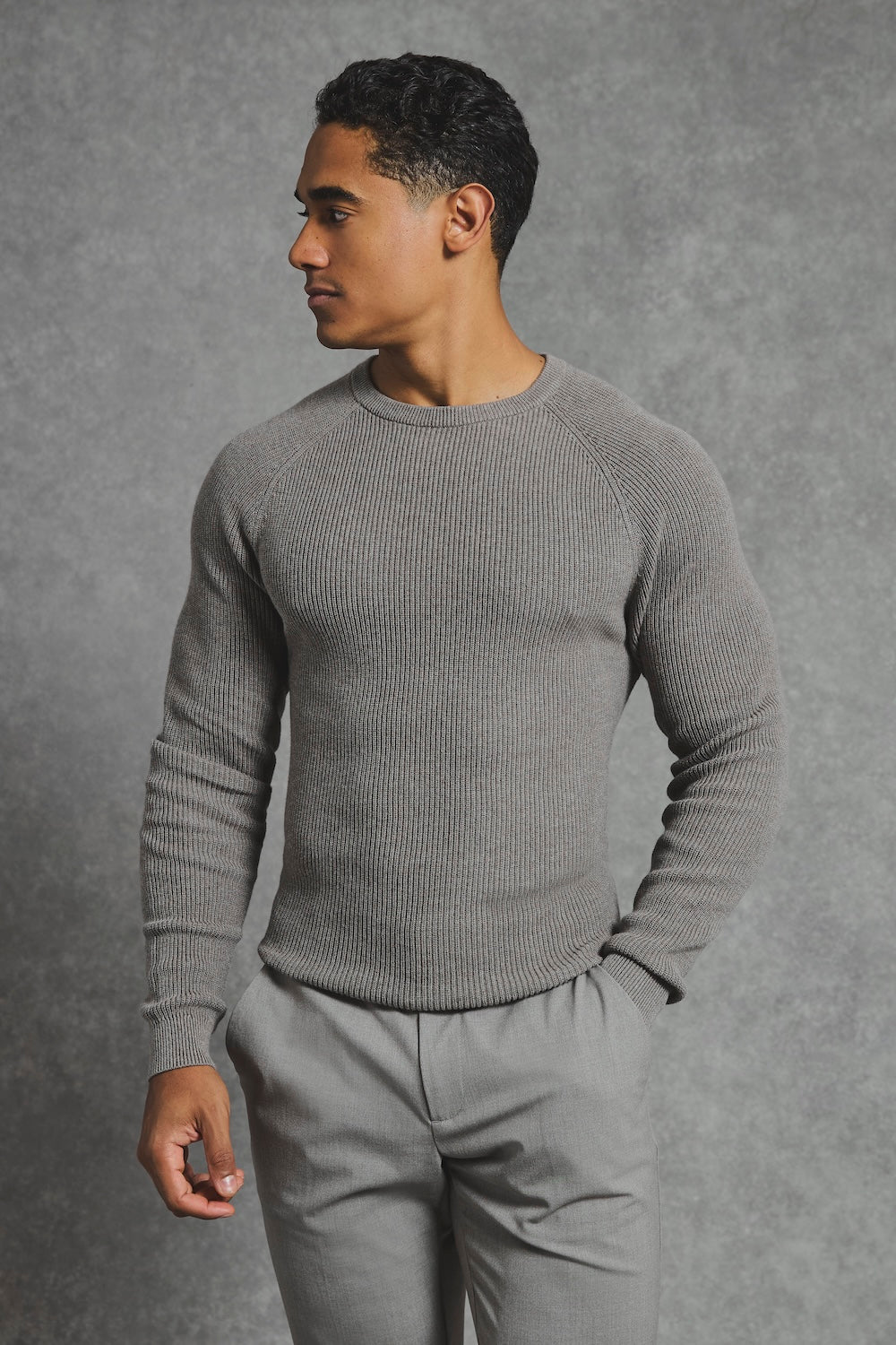 Pure Cotton Knitted Textured Crew Neck Sweater in Charcoal Marl - TAILORED ATHLETE - USA