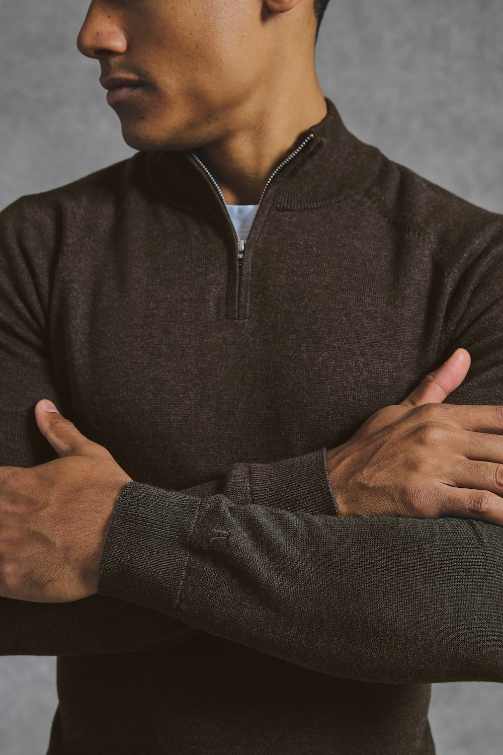 Pure Cotton Knitted Half Zip Neck Sweater in Brown Marl - TAILORED ATHLETE - USA