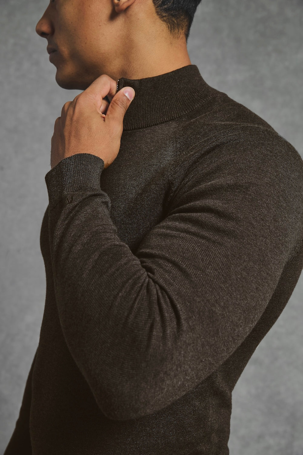 Pure Cotton Knitted Half Zip Neck Sweater in Brown Marl - TAILORED ATHLETE - USA