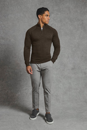 Pure Cotton Knitted Half Zip Neck Sweater in Brown Marl - TAILORED ATHLETE - USA