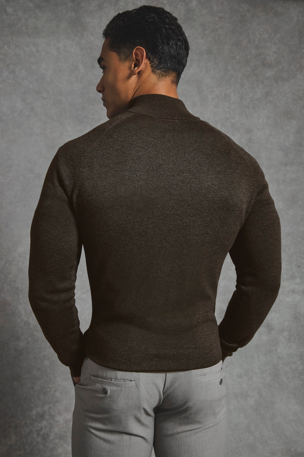 Pure Cotton Knitted Half Zip Neck Sweater in Brown Marl - TAILORED ATHLETE - USA
