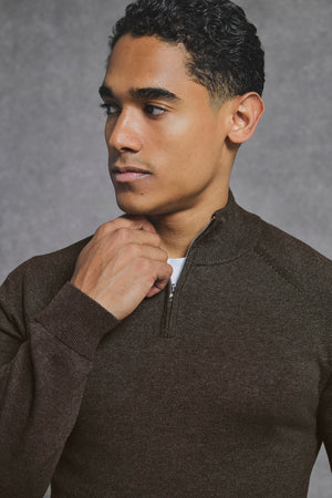 Pure Cotton Knitted Half Zip Neck Sweater in Brown Marl - TAILORED ATHLETE - USA
