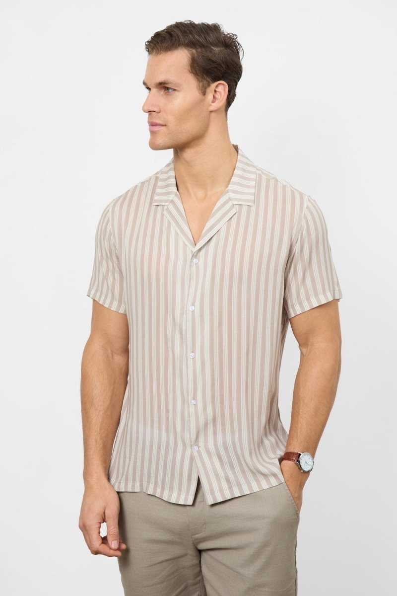 Printed Shirt in Stone Retro Stripe - TAILORED ATHLETE - USA