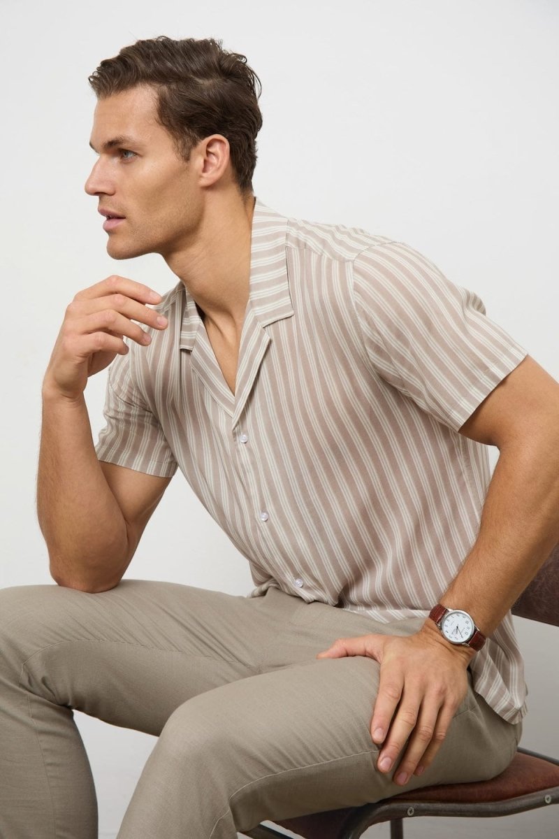 Printed Shirt in Stone Retro Stripe - TAILORED ATHLETE - USA