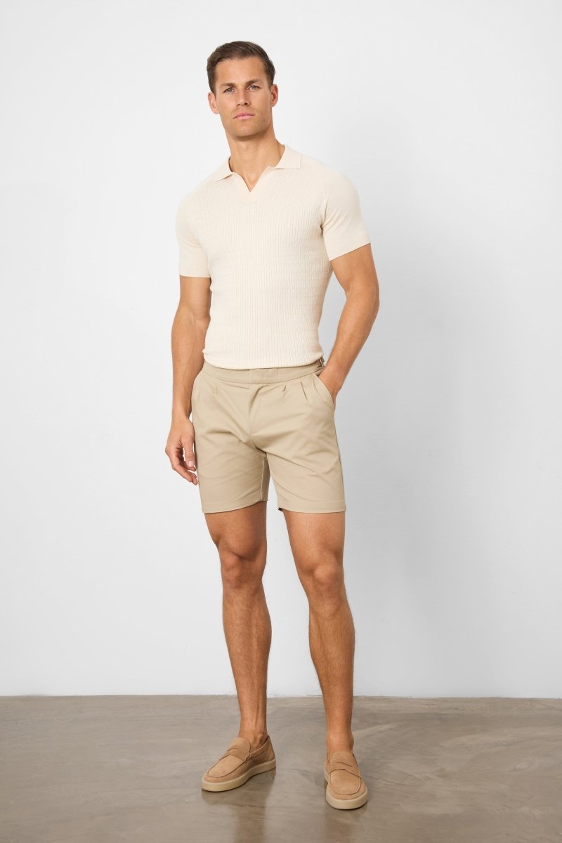 Smart Pleated Cotton Side Adjust Short in Stone - TAILORED ATHLETE - USA