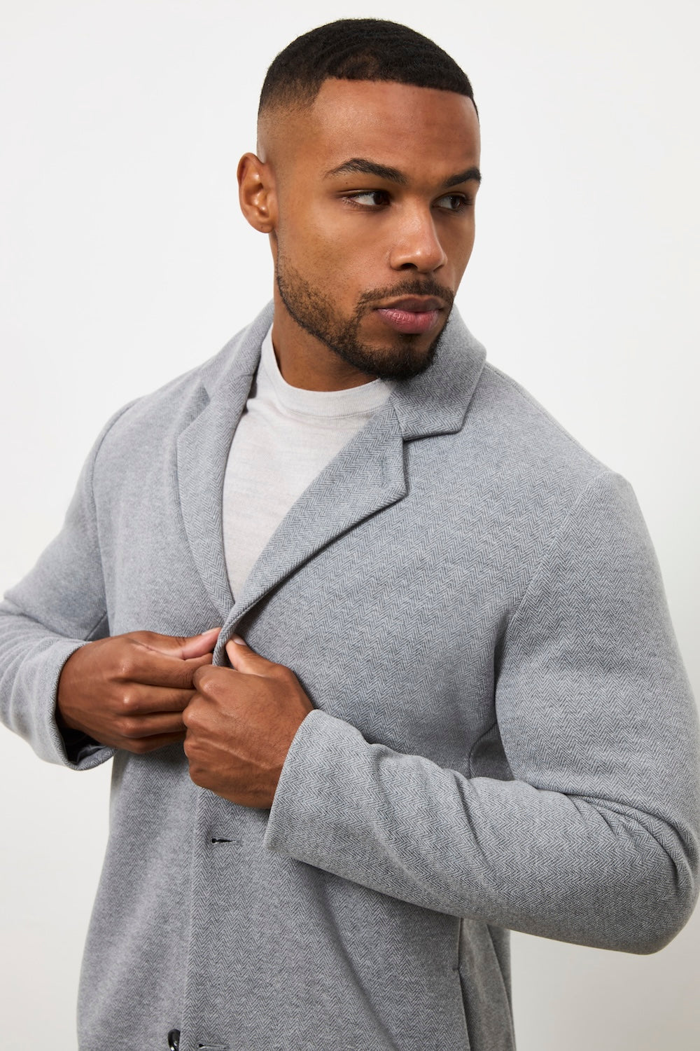 Single Breasted Herringbone Overcoat in Soft Grey - TAILORED ATHLETE - USA