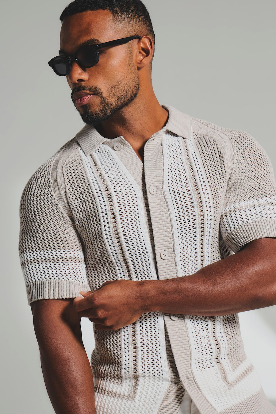 Colour Block Crochet Knitted Shirt in Mushroom and Chalk - TAILORED ATHLETE - USA