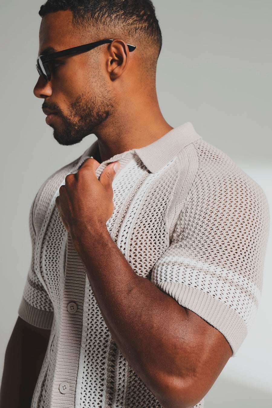 Colour Block Crochet Knitted Shirt in Mushroom and Chalk - TAILORED ATHLETE - USA