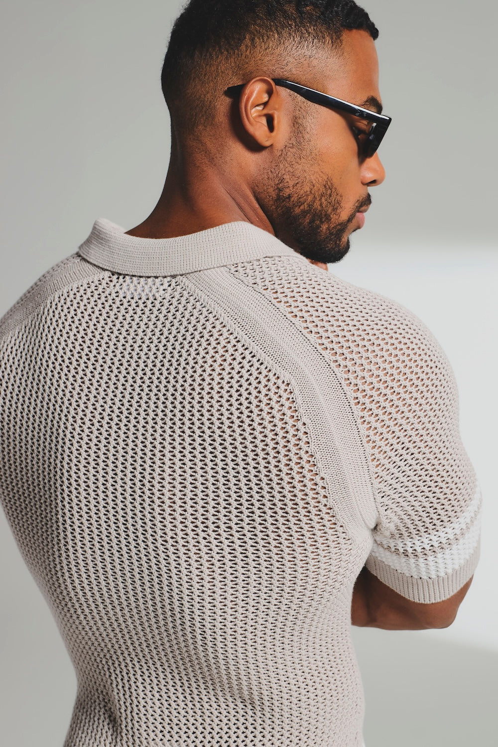 Colour Block Crochet Knitted Shirt in Mushroom and Chalk - TAILORED ATHLETE - USA