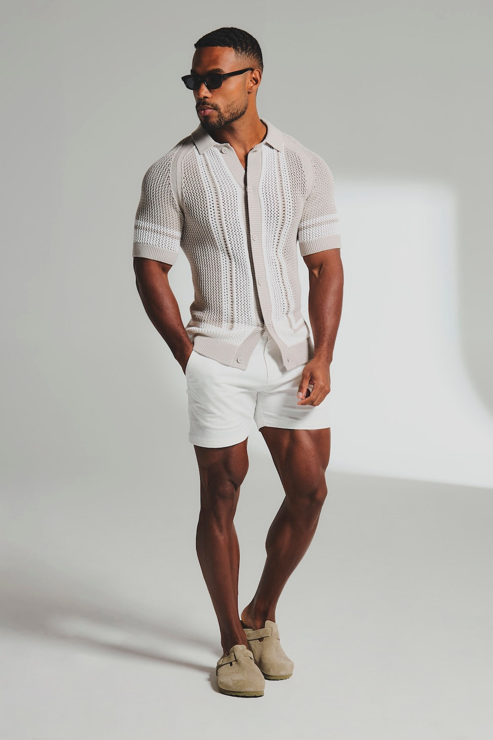 Colour Block Crochet Knitted Shirt in Mushroom and Chalk - TAILORED ATHLETE - USA