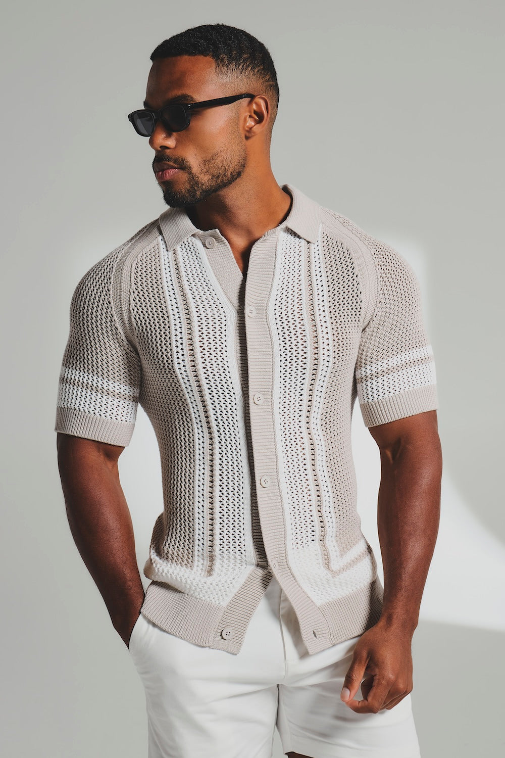 Colour Block Crochet Knitted Shirt in Mushroom and Chalk - TAILORED ATHLETE - USA
