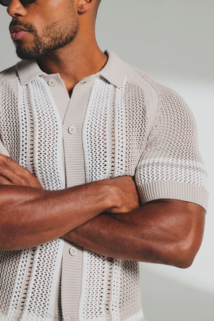 Colour Block Crochet Knitted Shirt in Mushroom and Chalk - TAILORED ATHLETE - USA