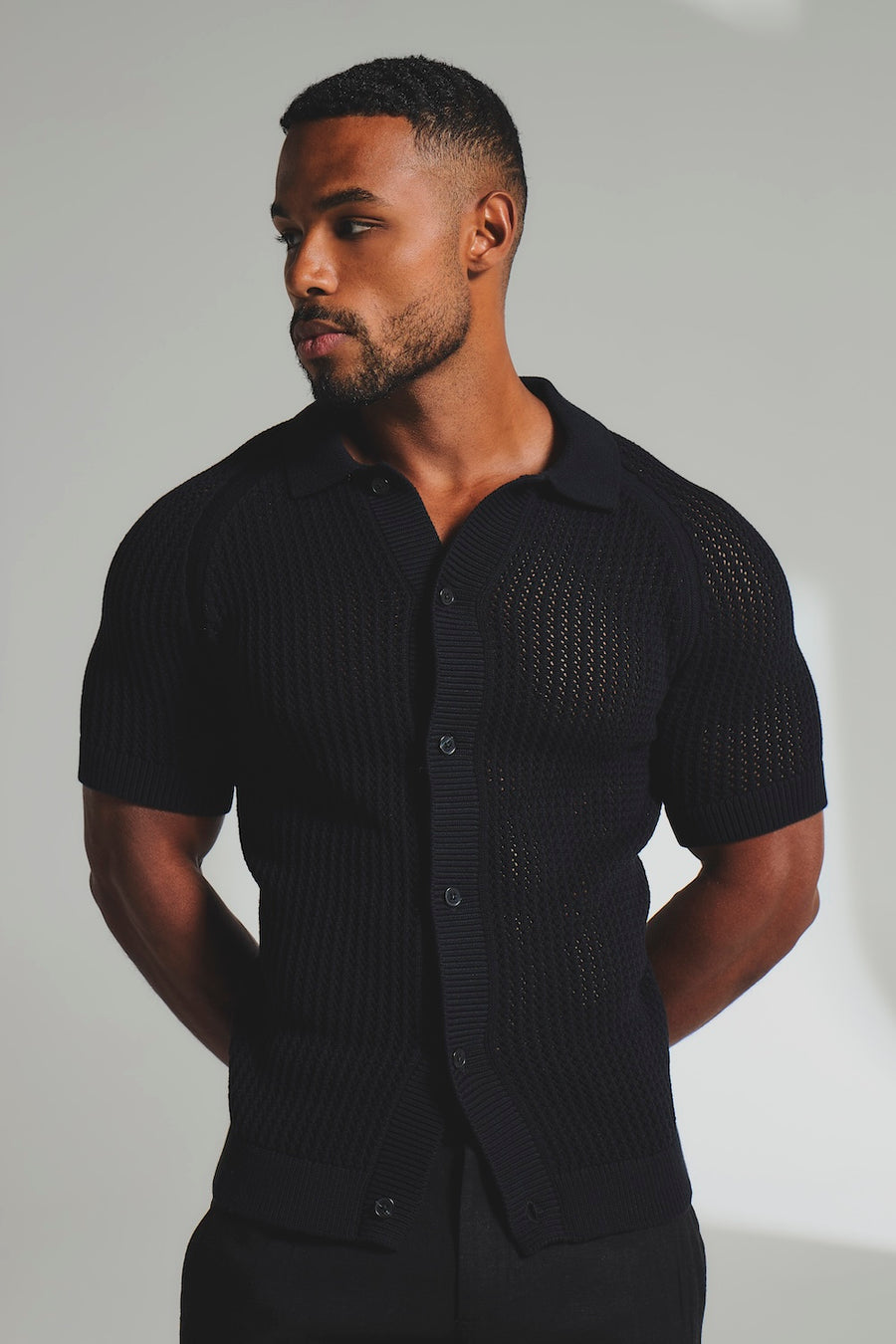Crochet Knitted Shirt in Black - TAILORED ATHLETE - USA