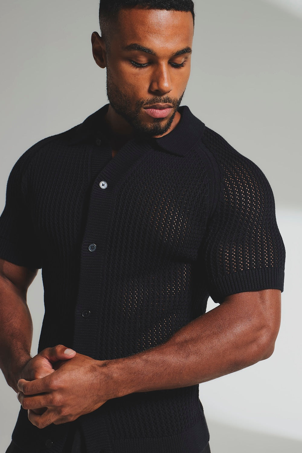 Crochet Knitted Shirt in Black - TAILORED ATHLETE - USA