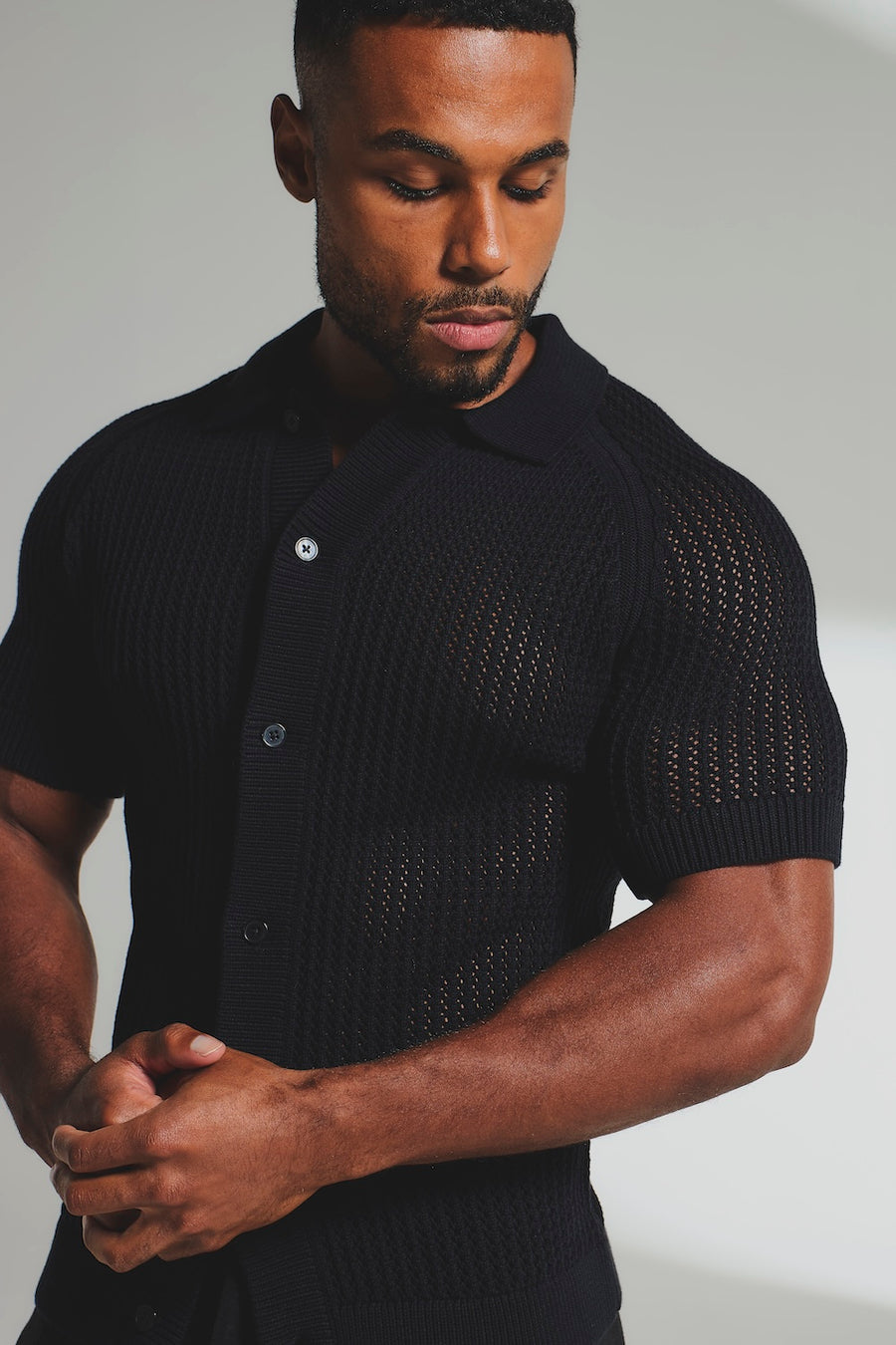 Crochet Knitted Shirt in Black - TAILORED ATHLETE - USA