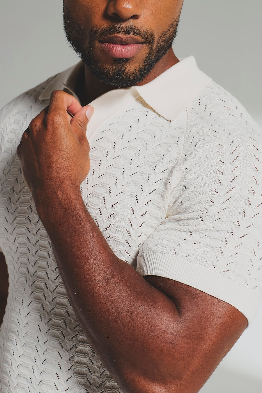 Pointelle Knitted Open Collar Polo Shirt in Chalk - TAILORED ATHLETE - USA