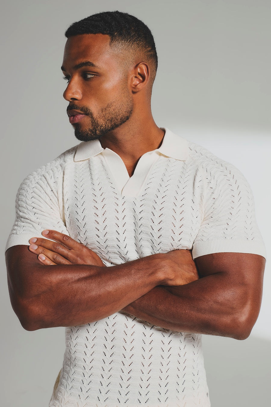 Pointelle Knitted Open Collar Polo Shirt in Chalk - TAILORED ATHLETE - USA