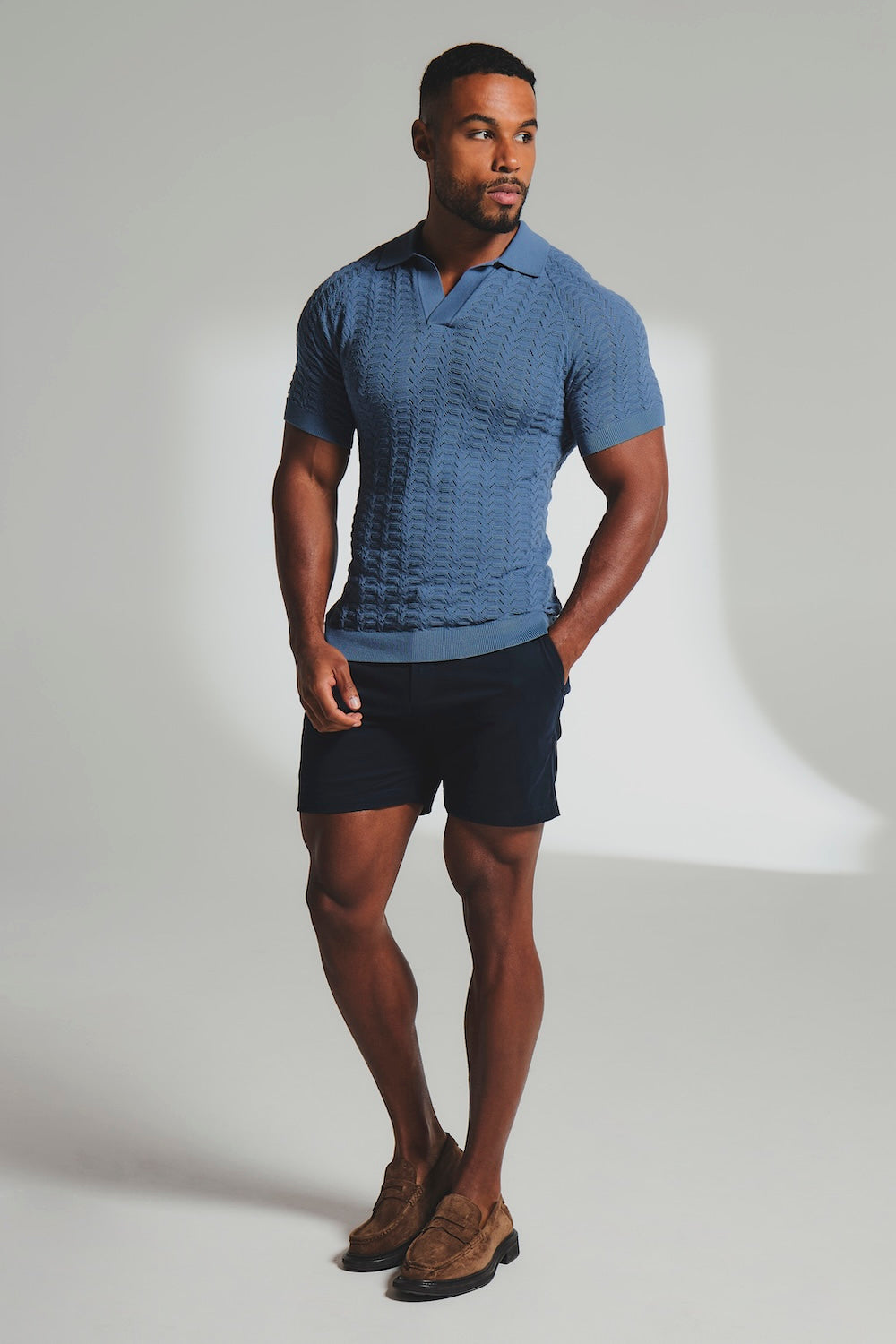 Pointelle Knitted Open Collar Polo Shirt in Blue - TAILORED ATHLETE - USA
