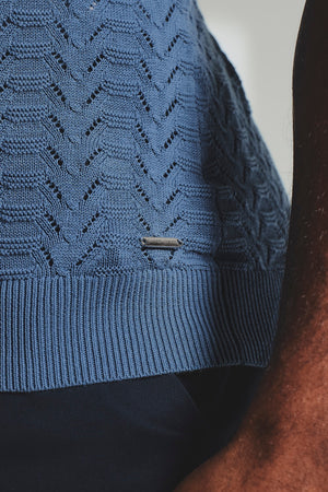Pointelle Knitted Open Collar Polo Shirt in Blue - TAILORED ATHLETE - USA