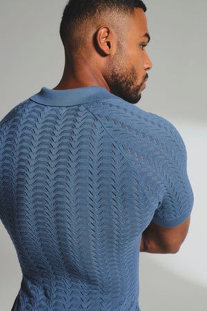 Pointelle Knitted Open Collar Polo Shirt in Blue - TAILORED ATHLETE - USA