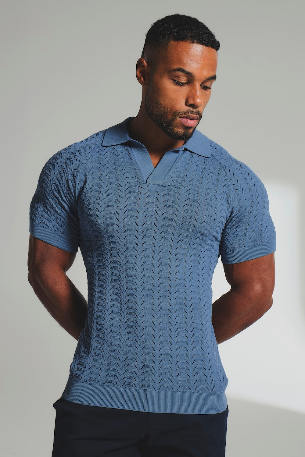 Pointelle Knitted Open Collar Polo Shirt in Blue - TAILORED ATHLETE - USA