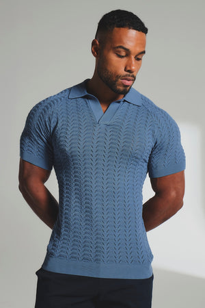 Pointelle Knitted Open Collar Polo Shirt in Blue - TAILORED ATHLETE - USA