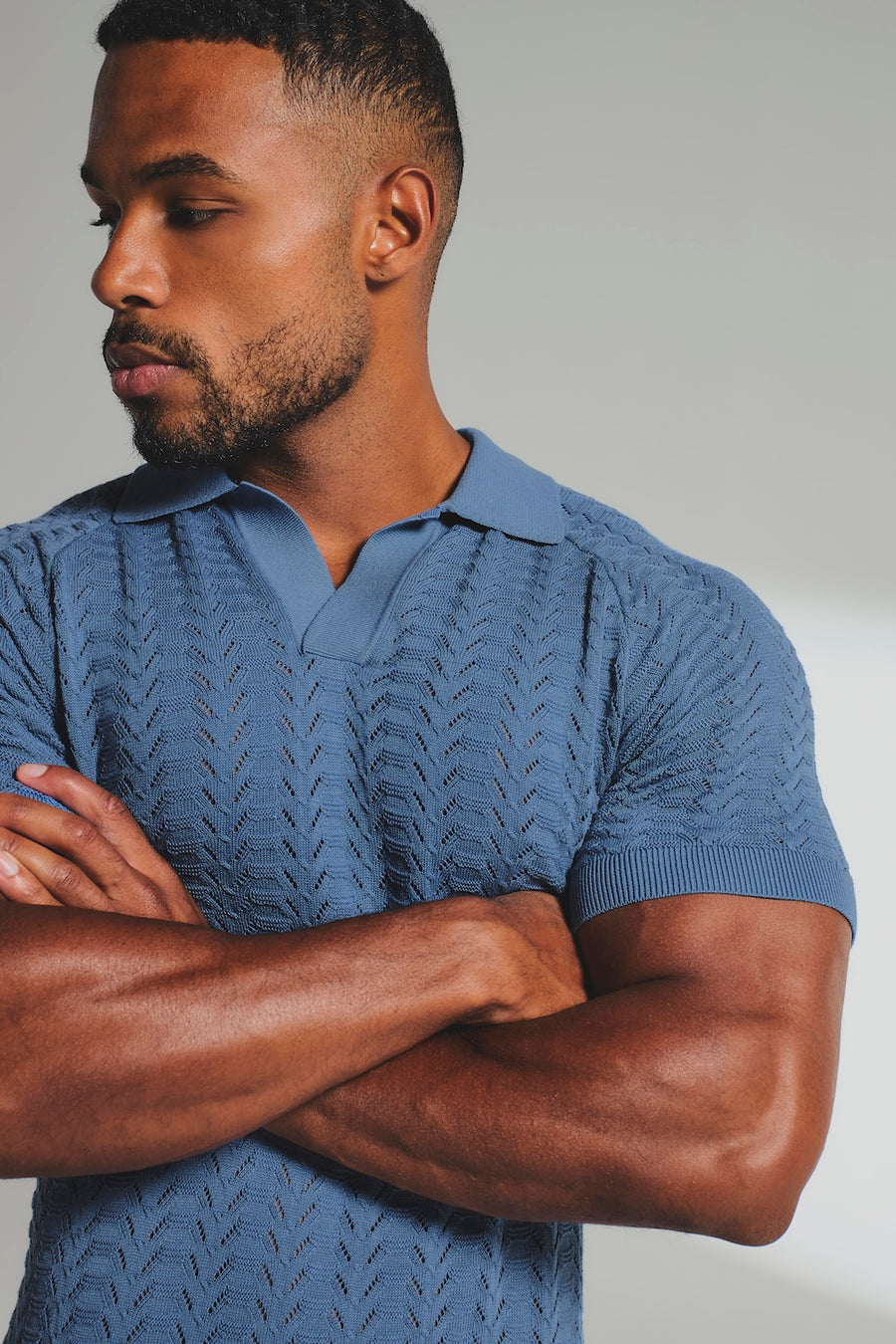 Pointelle Knitted Open Collar Polo Shirt in Blue - TAILORED ATHLETE - USA