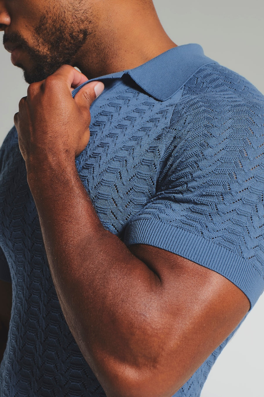Pointelle Knitted Open Collar Polo Shirt in Blue - TAILORED ATHLETE - USA
