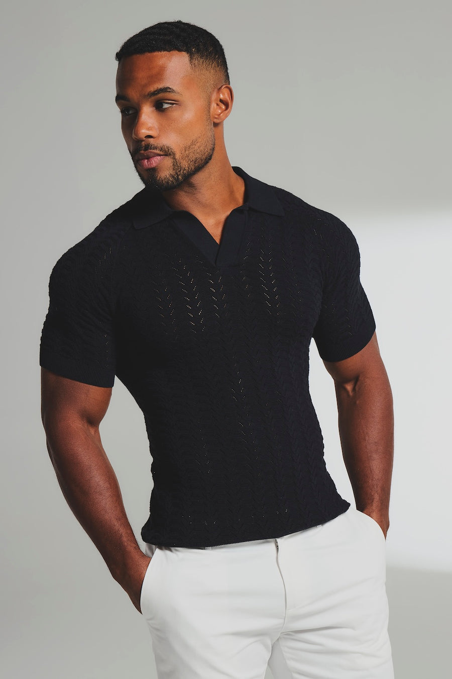 Pointelle Knitted Open Collar Polo Shirt in Black - TAILORED ATHLETE - USA