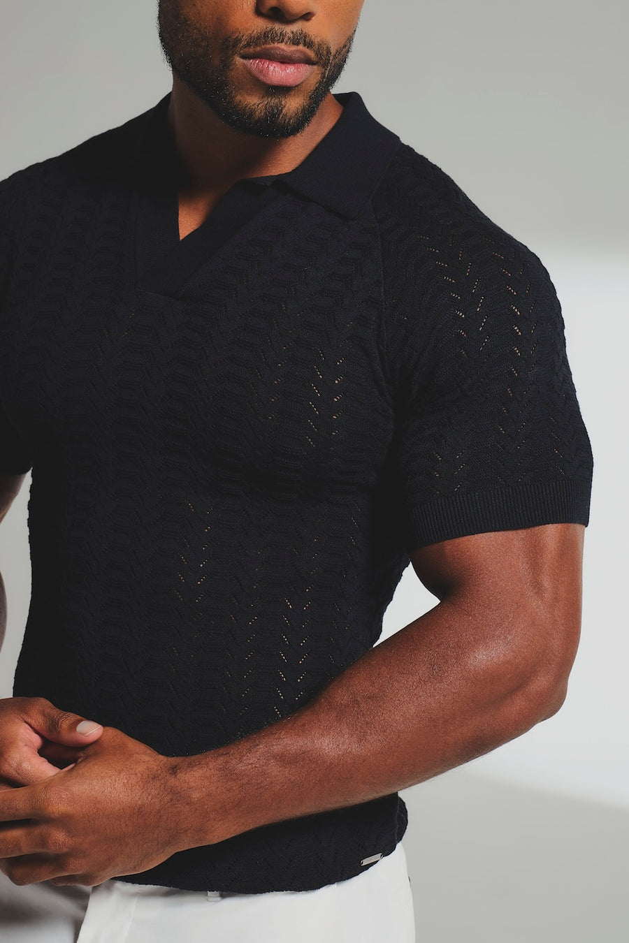 Pointelle Knitted Open Collar Polo Shirt in Black - TAILORED ATHLETE - USA