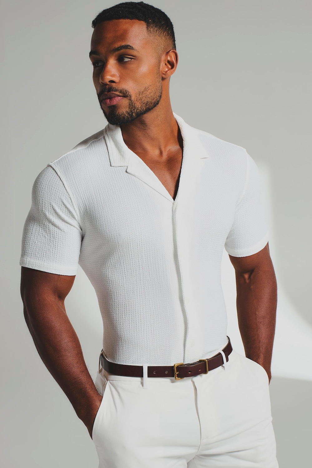 Textured Cuban Collar Shirt in White - TAILORED ATHLETE - USA