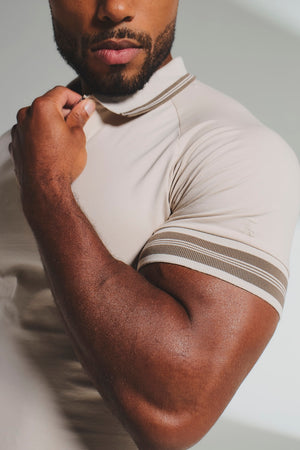 Tipped Zip Neck Polo in Stone and Mocha - TAILORED ATHLETE - USA