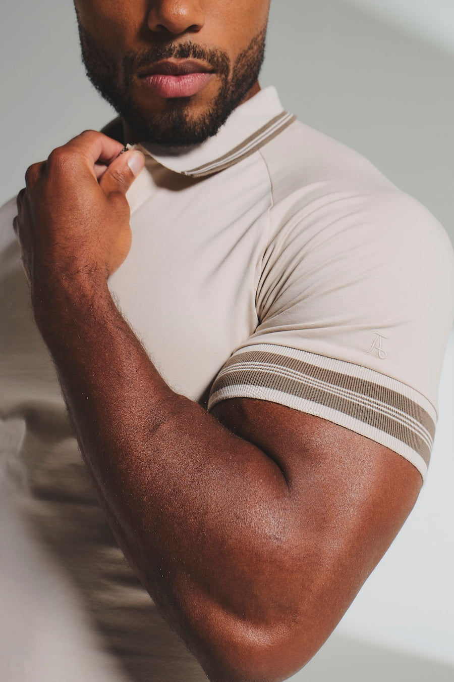 Tipped Zip Neck Polo in Stone and Mocha - TAILORED ATHLETE - USA