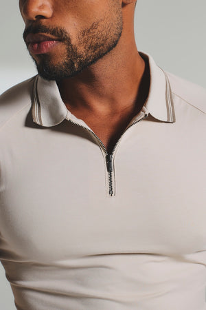 Tipped Zip Neck Polo in Stone and Mocha - TAILORED ATHLETE - USA