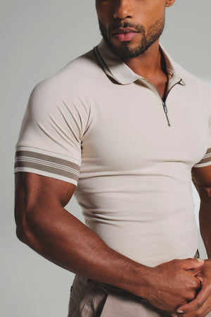 Tipped Zip Neck Polo in Stone and Mocha - TAILORED ATHLETE - USA